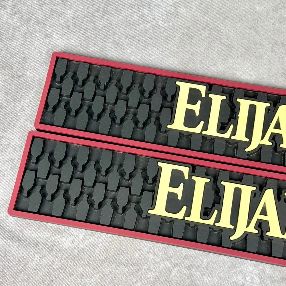 Elijah Craig Bourbon Bar Mats Set of 2 Black Red Rubber Rail Drip Service Mats